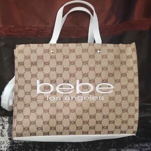 bebe Tan Logo Tote with White Handles